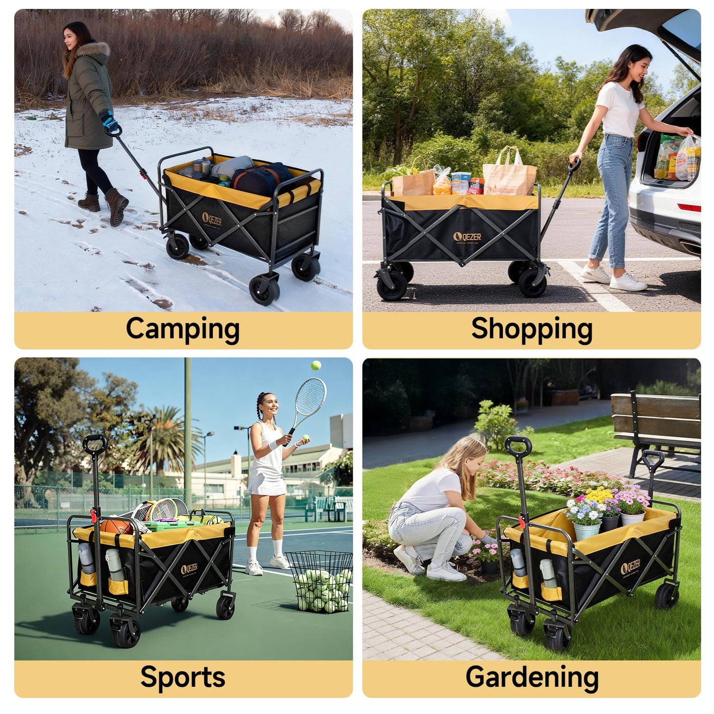 QEZER 56" Large Collapsible Folding Wagon with Tailgate and Brake, 600LBS Heavy Duty Utility Cart, 250L Large All-Terrain Beach Wagon for Camping Garden Shopping Grocery Sports (Yellow, 250L)