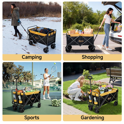 QEZER 56" Large Collapsible Folding Wagon with Tailgate and Brake, 600LBS Heavy Duty Utility Cart, 250L Large All-Terrain Beach Wagon for Camping Garden Shopping Grocery Sports (Yellow, 250L)
