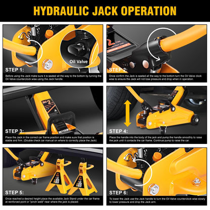 PM PERFORMOTOR Low Profile Hydraulic Trolley Service/Floor Jack Combo with 2 Ratchet Jack Stands, 2 Ton (4000 lbs) Capacity, Orange,PM-TOL-FJ3P-OG