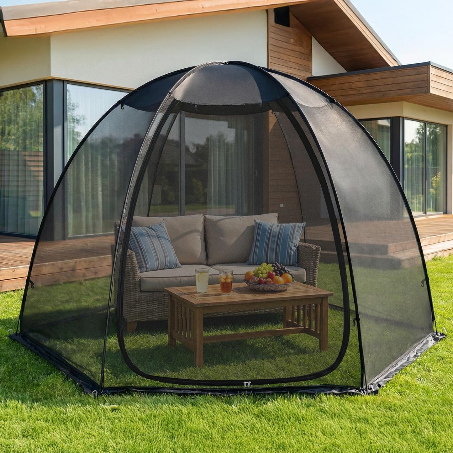 Alvantor® Pop Up Screen House Tent 10x10 FT, Snap-fit Black Mesh Screen Gazebo with Peaked Roof, Portable Screen Room Canopy Shelter with Sandbags for Camping, Backyard, Picnic