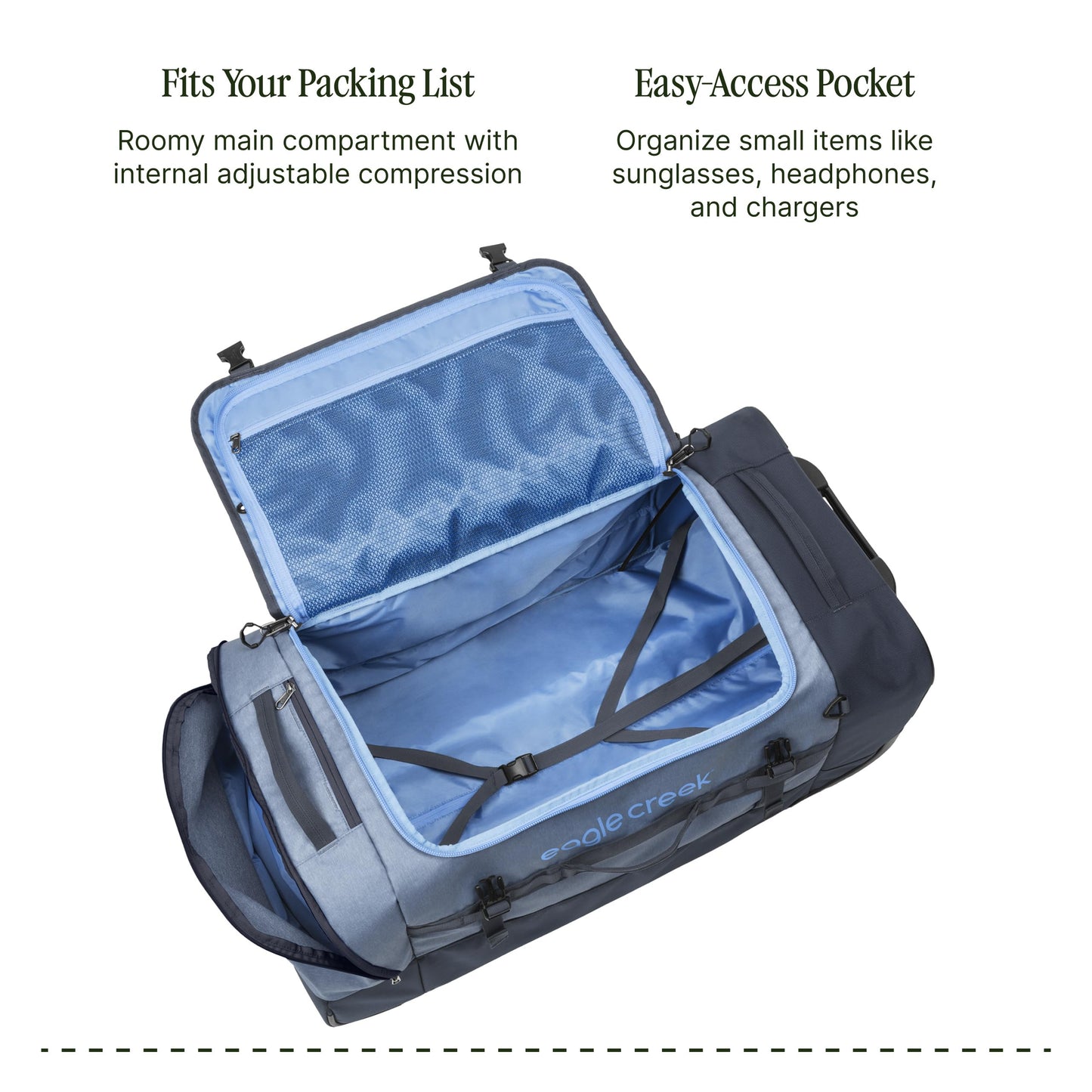 Eagle Creek Cargo Hauler XT Wheeled Duffel - Wheeled Backpack Duffel - Deployable Backpack Straps - Lockable U-Lid & Easy Access Compartment - 32" - Glacier Blue