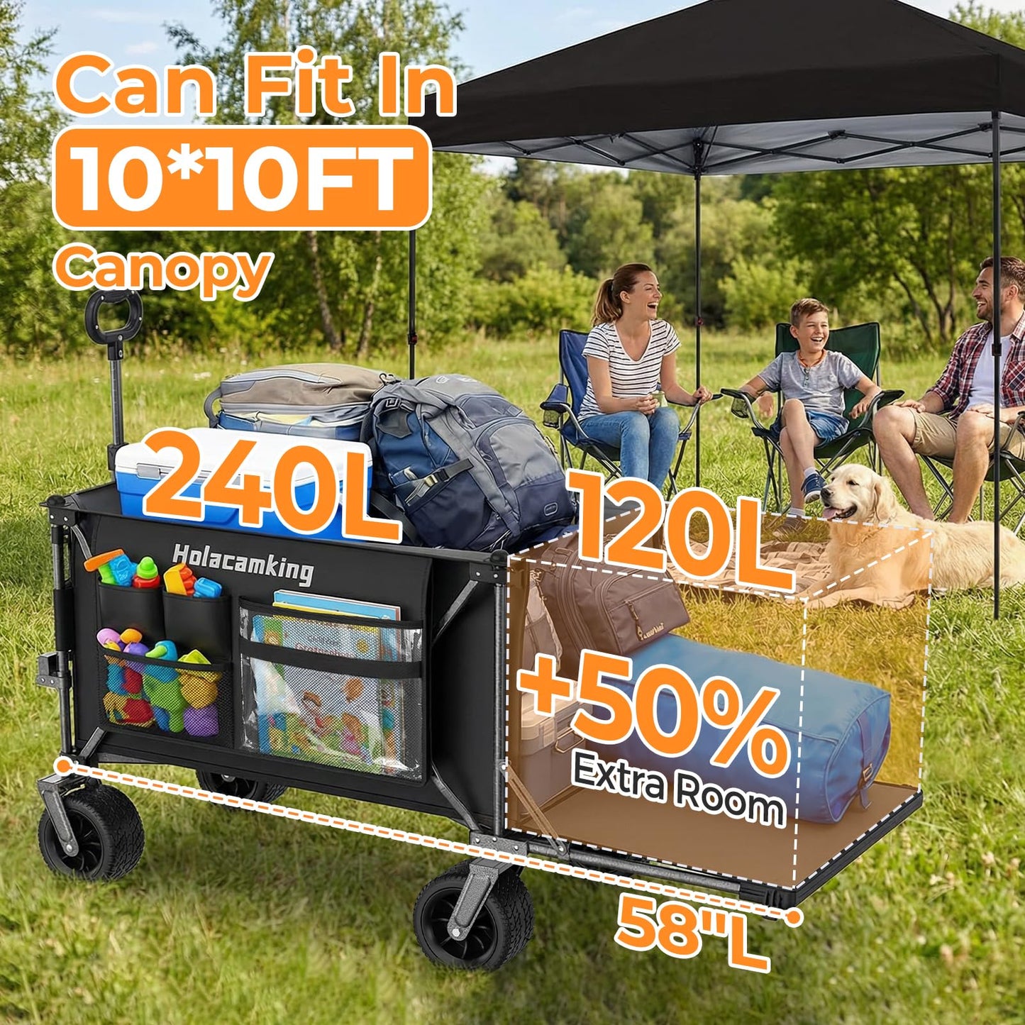 Holacamking 58”L Extender Collapsible Wagon, Extra Long Foldable Wagon Cart with Extended Tailgate, Heavy Duty Rolling Utility Cart with All-Terrain Big Wheels for Shopping Sports Beach, Black