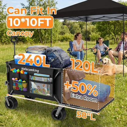 Holacamking 58”L Extender Collapsible Wagon, Extra Long Foldable Wagon Cart with Extended Tailgate, Heavy Duty Rolling Utility Cart with All-Terrain Big Wheels for Shopping Sports Beach, Black