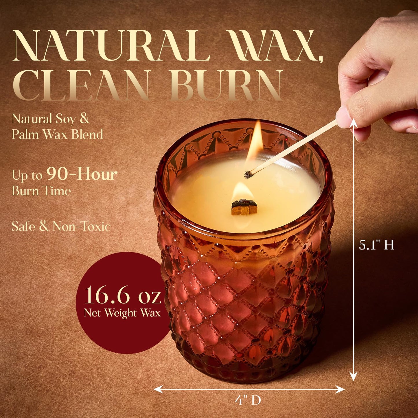 M&SENSE 16.6oz Wood Wick Scented Candle, Non Toxic Soy Wax with Crackling Wick, DarkRoseAmber Scent 100H Burn Long Lasting for Bedroom Kitchen Home Decor, Housewarming Gifts for Family Friends