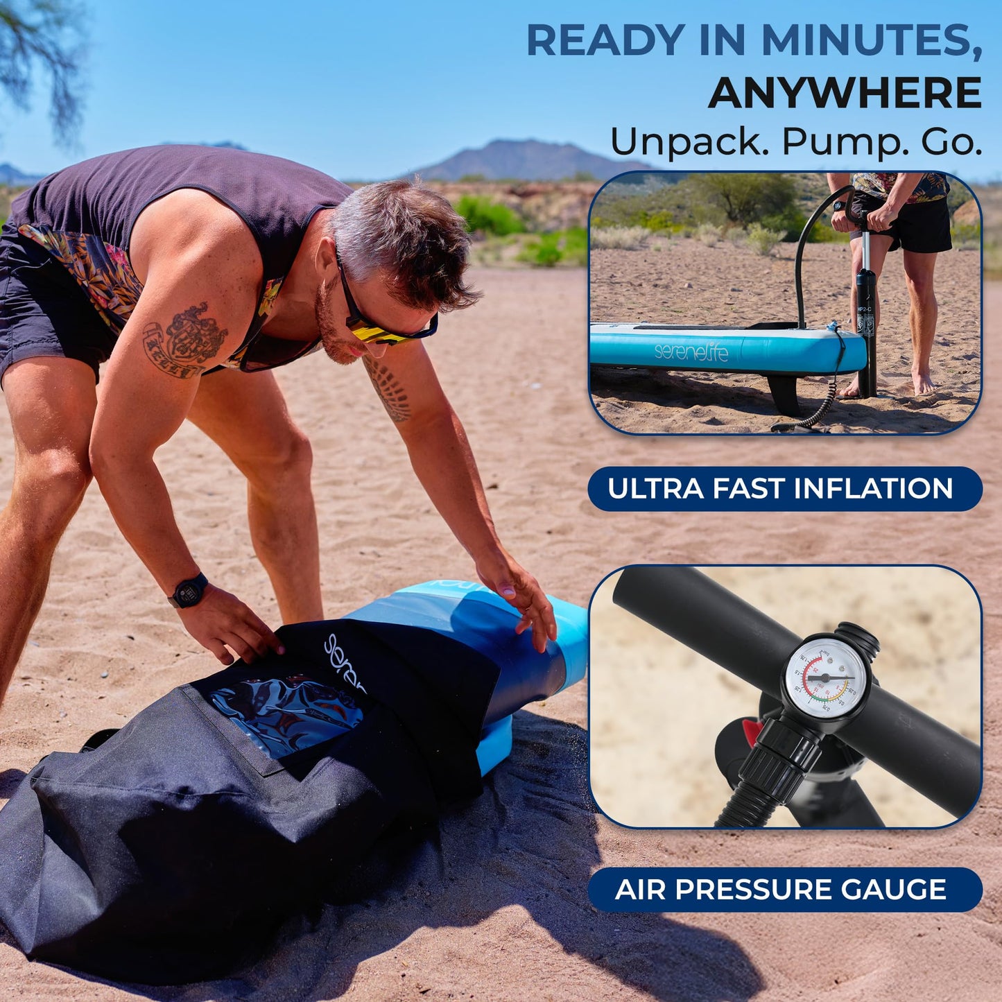 SereneLife 10’6” Inflatable Stand Up Paddle Board with Premium SUP Accessories - 33” Wide Stable Design with Non-Slip EVA Deck Pad for Youth and Adults, 350 lbs. Capacity