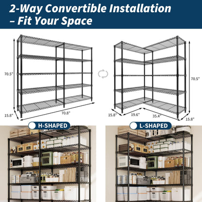 Garvee 71"Wide Storage Shelves Metal Shelving Units 5 Tier, Wire Shelving Rack 1325LBS Heavy Duty Adjustable for Storage, 71"W x 15.8"D x 70.5"H Standing Shelf Unit, for Kitchen Garage Pantry Basement