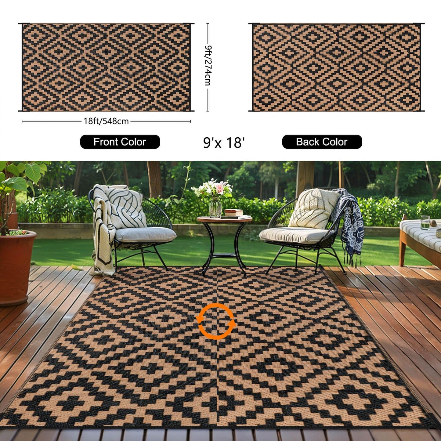 Outdoor Rugs Patio Camping Waterproof - 9x18 Plastic Straw Patio Rug Portable for Campers, Outside RVs Mat, Outdoor Area Carpet for Patios Clearance, Backyard Porch, Balcony, Picnic, Black Brown