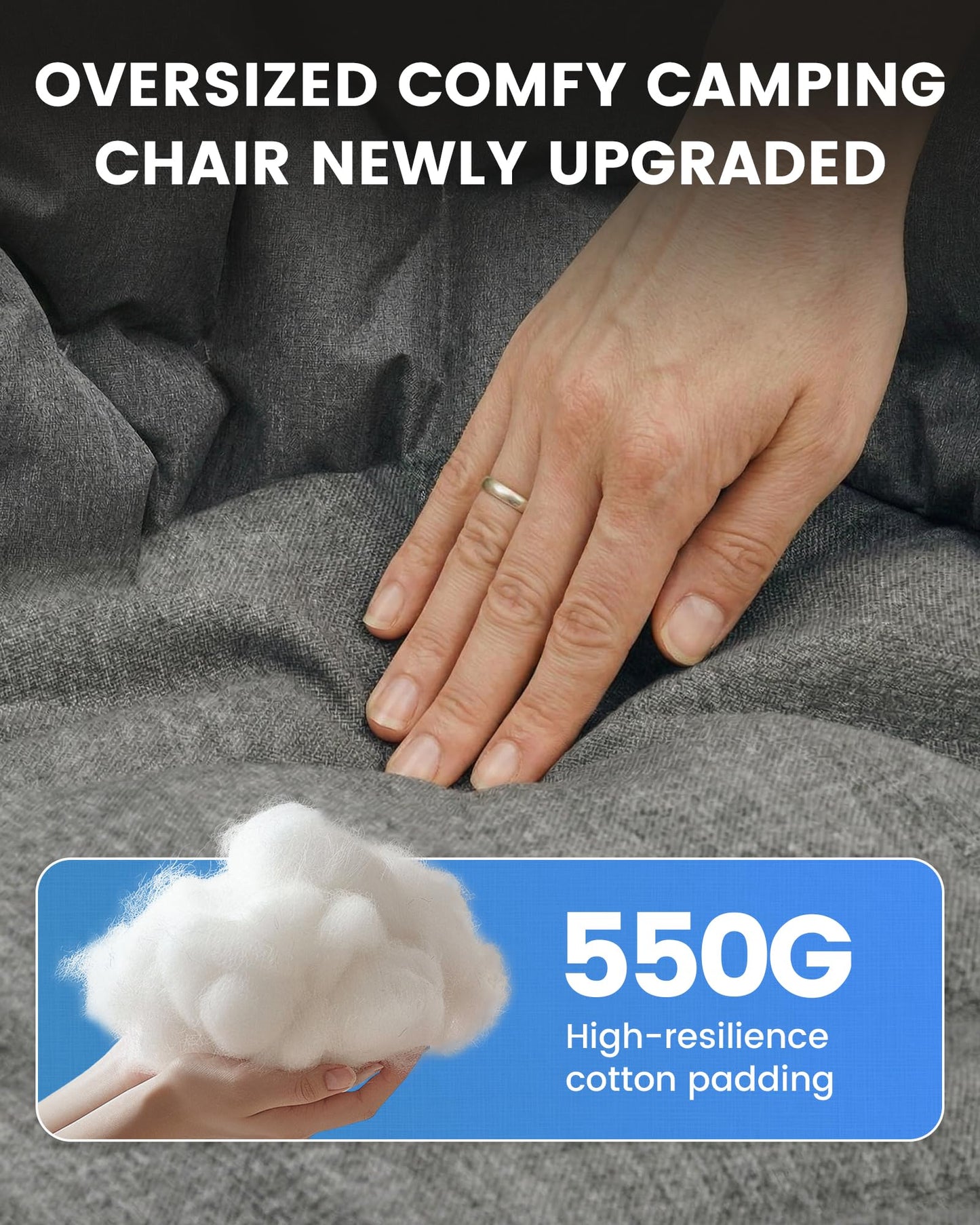 Upgrade Oversized Padded Comfy Camping Chair with Removable Leg Rest,Adjustable Cup Holder,Built-in Comfy Foam Armrest Supports,Heavy Duty Outdoor Round Folding Chair for Camping, Carry Bag, Gray