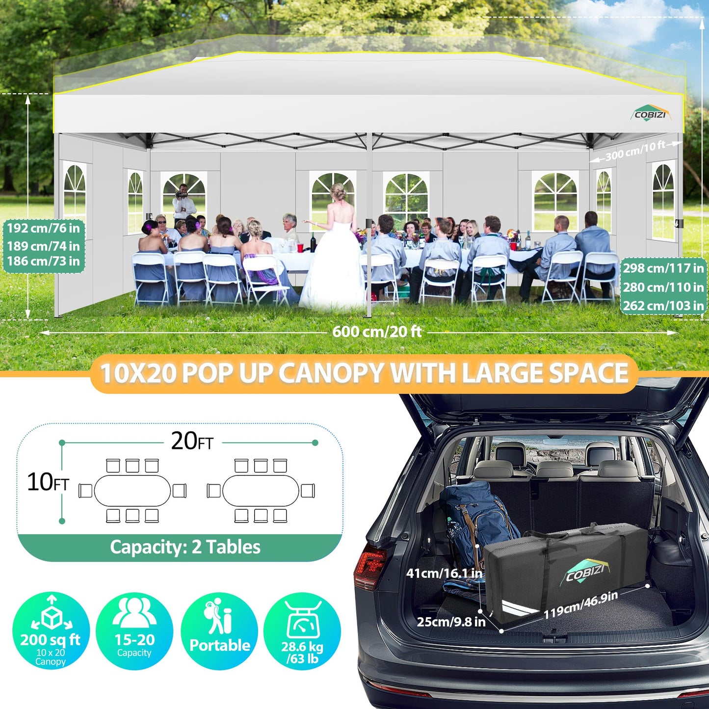 COBIZI 10x20 Pop Up Canopy Tent with 6 Sidewalls One Push Setup Outdoor Commercial Gazebo Waterproof UPF 50+ Party Tent with Carry Bag,Air Vent,Sandbag Tents for Parties,Wedding,Backyard,White