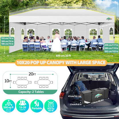 COBIZI 10x20 Pop Up Canopy Tent with 6 Sidewalls One Push Setup Outdoor Commercial Gazebo Waterproof UPF 50+ Party Tent with Carry Bag,Air Vent,Sandbag Tents for Parties,Wedding,Backyard,White