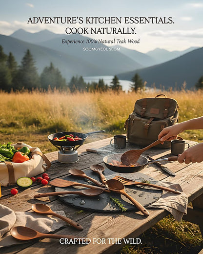 6-Piece Natural Teak Wood Utensil Set - Compact Nonstick Cooking Spoons & Spatulas, Durable Wooden Tools