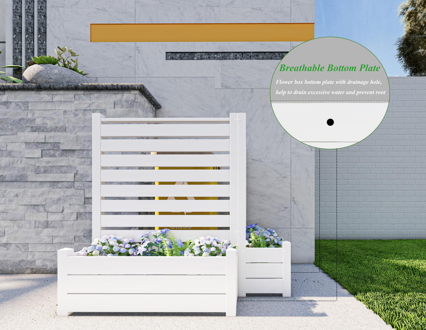 Qikdesign No-Dig Air Conditioner Fence 36""W X 45""H White Vinyl Privacy Fence with Planter Box for Trash Can Pool Equipment (2 Panels), VPFS3645-ND