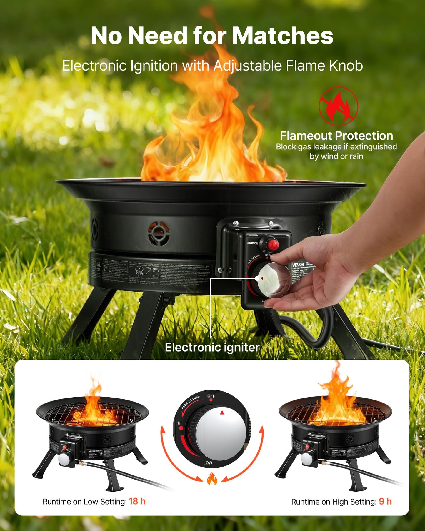 VEVOR Propane Fire Pit 24-Inch, 53,000 BTU Portable Gas Fire Pit, with Grill Grate & Lava Rocks, Adjustable Flame, Folding Legs,Smokeless Outdoor Firebowl for Camping, Patio, Backyard, Deck, RV, Black
