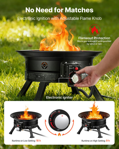 VEVOR Propane Fire Pit 24-Inch, 53,000 BTU Portable Gas Fire Pit, with Grill Grate & Lava Rocks, Adjustable Flame, Folding Legs,Smokeless Outdoor Firebowl for Camping, Patio, Backyard, Deck, RV, Black
