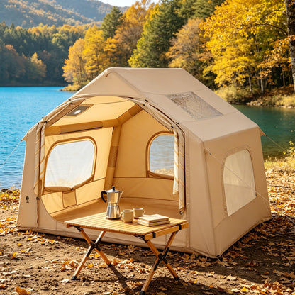 Inflatable Camping Tent for 3-5 Person, Quick Setup Blow Up Tent with Hand Pump, 210D Oxford Air Glamping Tents with Skylight & Stove Jack, 4 Season for Outdoor Camping, Beach, Hiking