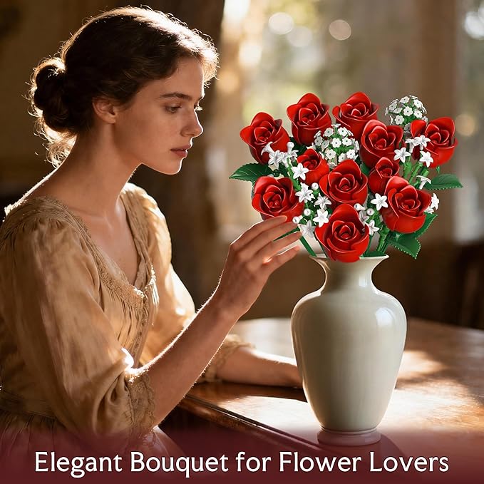 Red Rose Flowers Bouquet Building Set - Valentine's Day Gift Compatible with Lego Flowers for Adults Women Collection Christmas Mother's Day Valentine's Gifts Home Decor