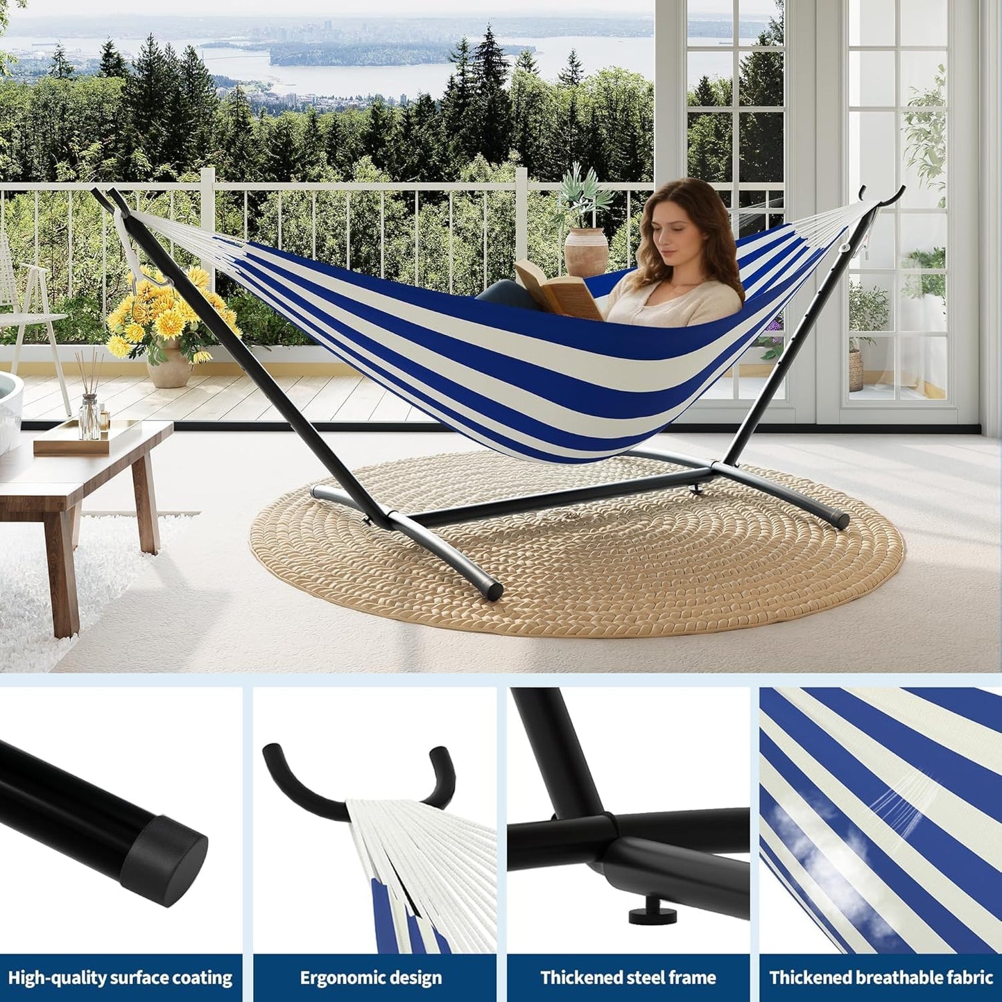 Double Hammock with Space-Saving Steel Stand - 2 Person Portable Heavy Duty Hammock with Carrying Bag for Outdoors & Indoors, Easy Assembly, 350 lbs Capacity, Yellow Rainbow Stripes