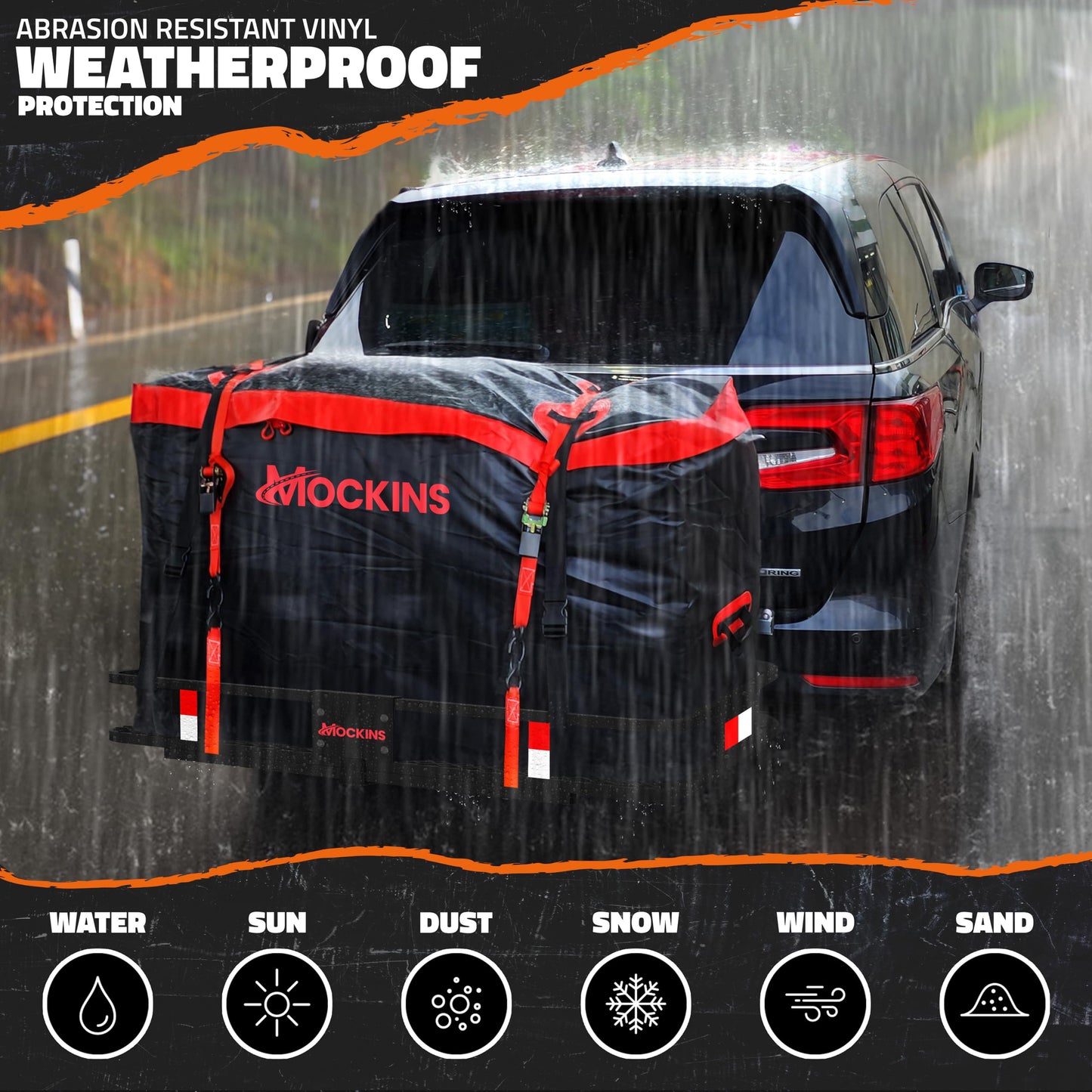 Mockins 48"x18"x6" Folding Trailer Hitch Cargo Carrier & 15 Cu Ft Waterproof Cargo Bag with Packing Cube Set of 4 | Weatherproof 500 Lbs Cap Luggage Rack for SUV Truck Van Car Trailer with Accessories