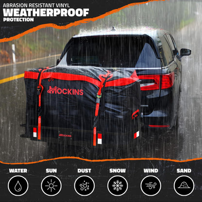 Mockins 48"x18"x6" Folding Trailer Hitch Cargo Carrier & 15 Cu Ft Waterproof Cargo Bag with Packing Cube Set of 4 | Weatherproof 500 Lbs Cap Luggage Rack for SUV Truck Van Car Trailer with Accessories