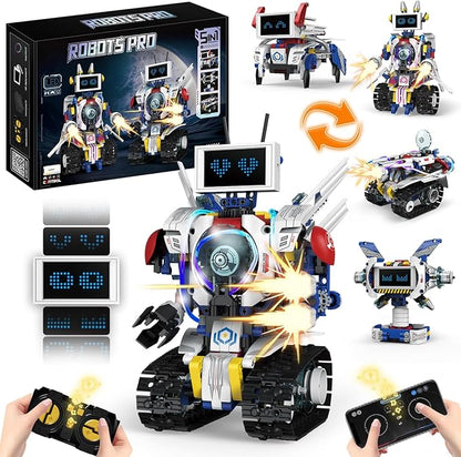 5 in 1 STEM Robot Building Kit APP &amp Remote Control Screen Building Toys Eye Coding Robots Rechargeable 620Pcs DIY Super Warriors for Kids Learning Boys Girls Birthday Gifts