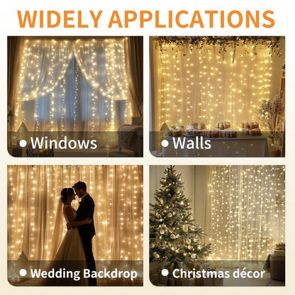 Patioman Fairy Curtain Lights, 200 LED Upgraded Tangle-Free Hanging Lights with Remote, USB Plug in String Lights for Bedroom Wall Window Wedding Party Xmas Home Décor - 6.6 x 6.6 Ft, Warm White