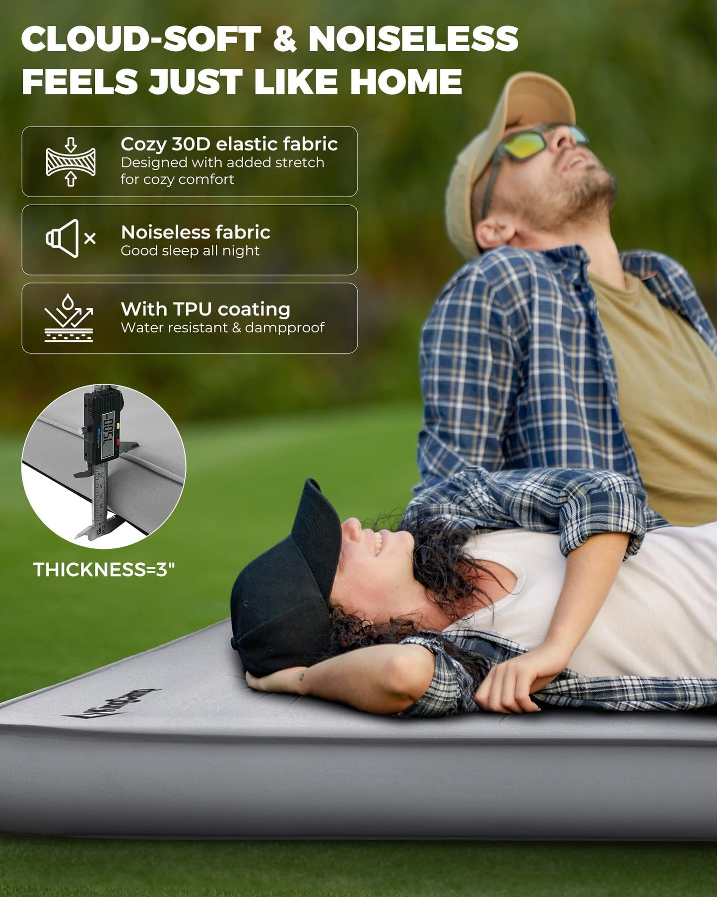 KingCamp Premium Double Self Inflating Sleeping Pad with Air Pump, 7.5 R-Value Air & Foam Camping Mattress 2 Person, 3" Thick Full Size Double Insulated Sleeping Pad for Car Camp Tent, PVC Free, Grey