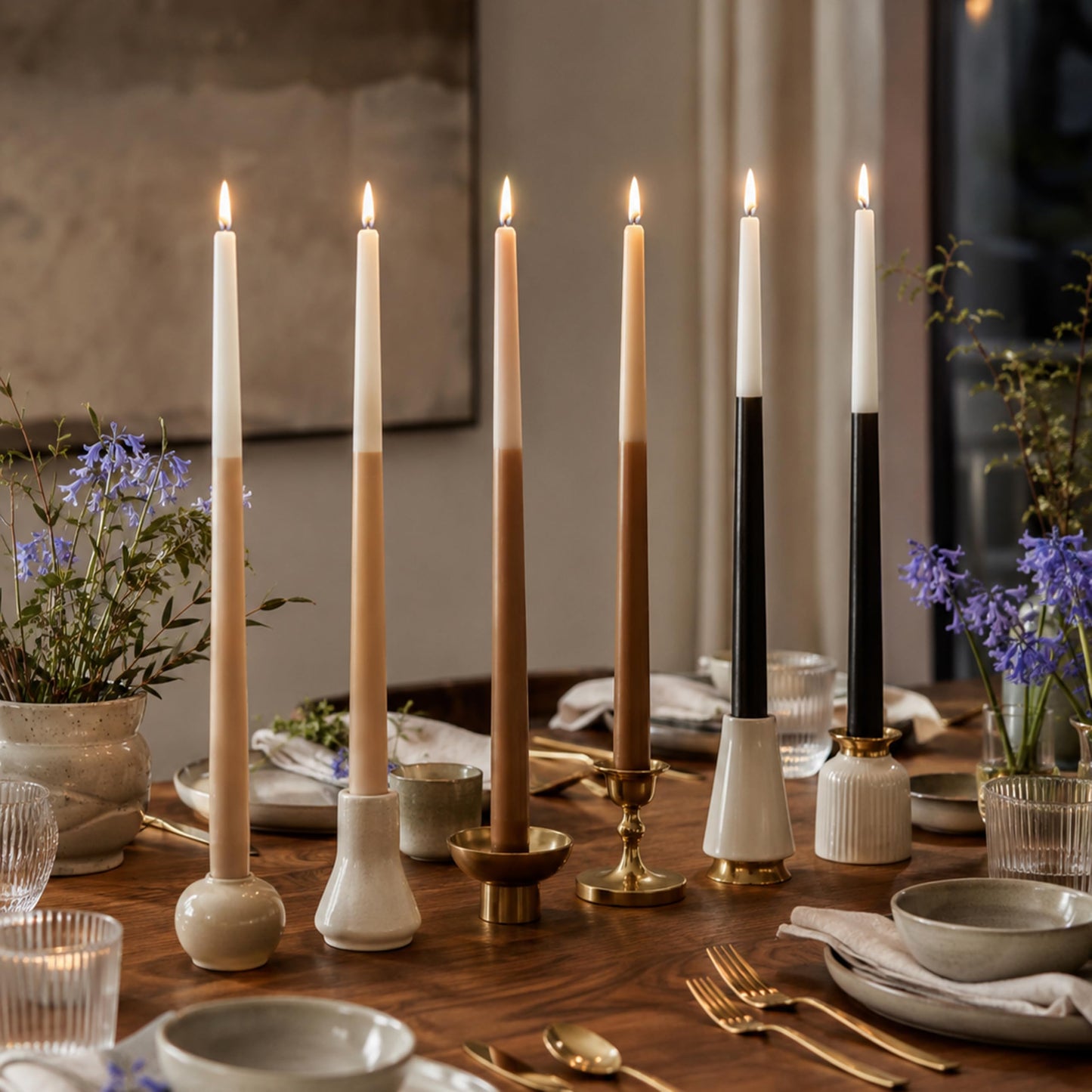 10 Inch Taper Candles Set of 6, Bluebell Scent Handmade Brown Beige Black Color Block Tapered Candles, Candle Stick Dinner Candles for Wedding Candlesticks
