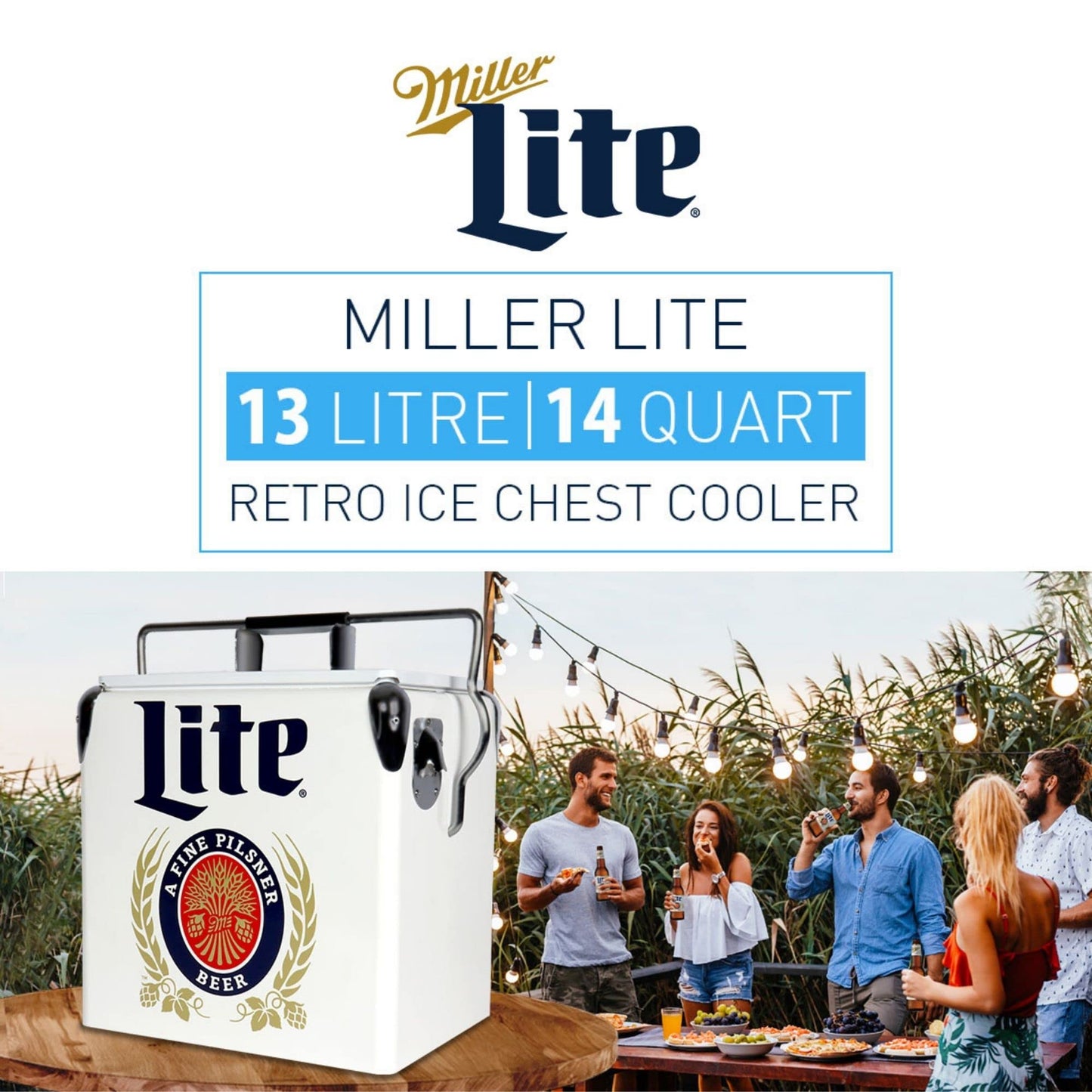 Miller Light Retro Ice Chest Cooler - 18 Can Ice Box, Portable Ice Bucket with Bottle Opener, Vintage Style, Insulated for Camping, Beach, Picnic, RV, BBQs, Tailgating, Fishing, 13L (14 qt)