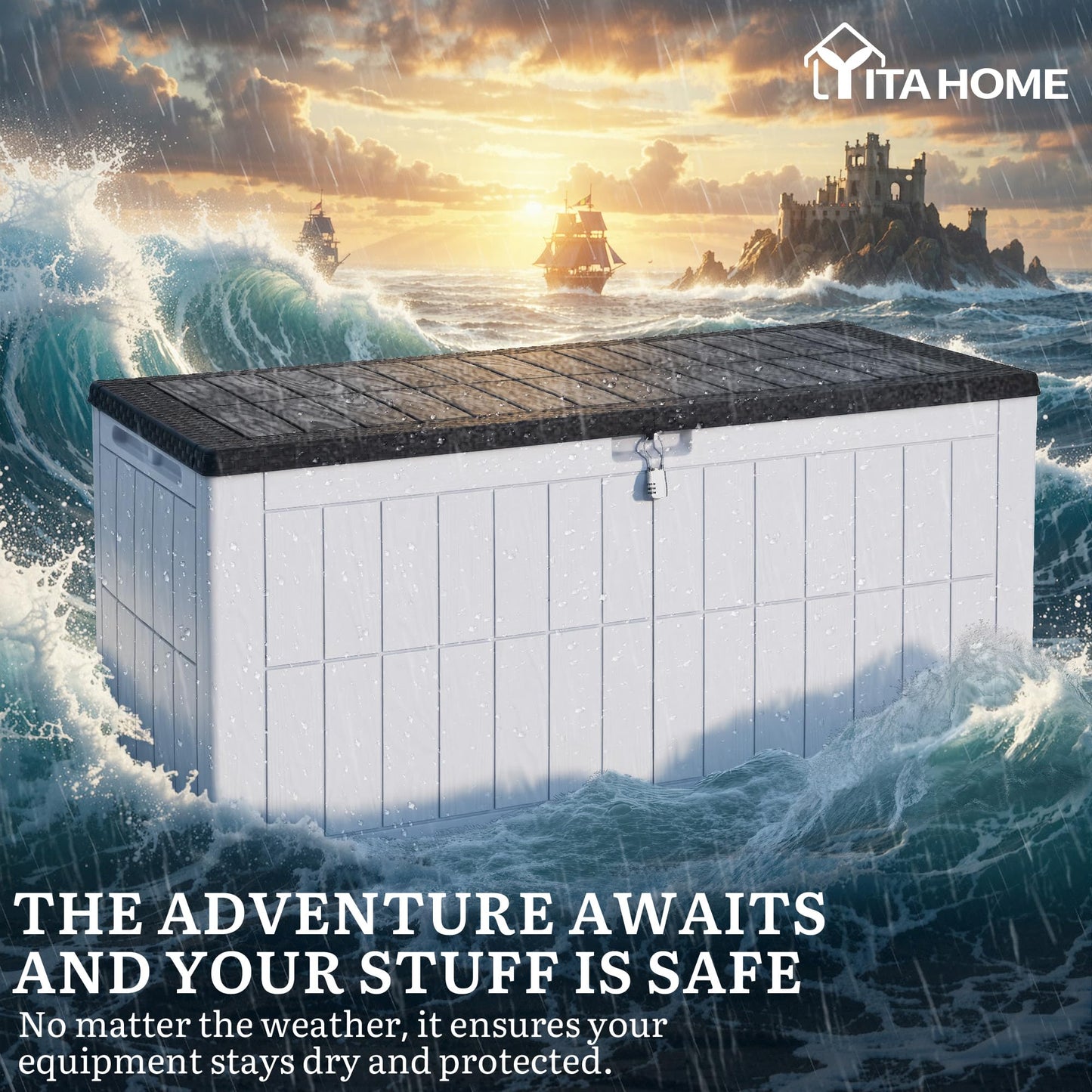 YITAHOME 134 Gallon Large Outdoor Storage Box with Lock, Waterproof Resin Deck Box w/Hydraulic Piston for Garden Tools, Pool Accessories & Cushions(Black & Grayish-White)