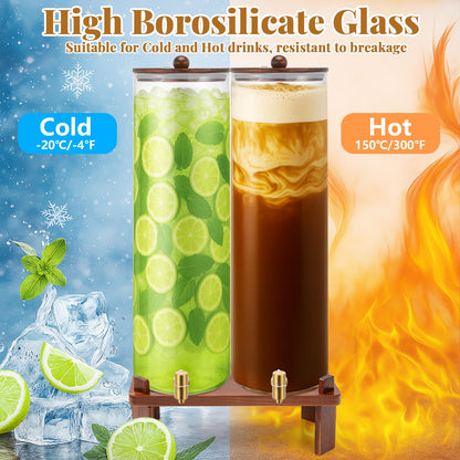 FillTouch 2 Pack 5 Gallon Glass Drink Dispenser with Acacia Wood Stand and Lid, Large Glass Beverage Dispenser with Spigot Perfect for Juice, Tea, Sangria, Lemonade, Weddings, Party, Outdoor Events