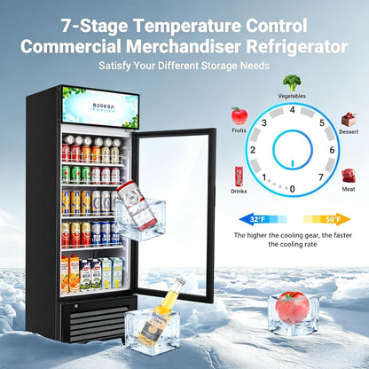 BODEGACOOLER Commercial Merchandiser Refrigerator,10 Cu.Ft Commercial Beverage Cooler with Single Glass Door,Upright Door Display Refrigerator Drink Commercial Bar Cooler with 4 Adjustable Shelves