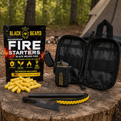 Black Beard Fire Plug Kit - 50 Waterproof Fire Plugs, Arc Lighter, Ferro Rod and Organizer Case for Camping, Backpacking and Emergency Survival