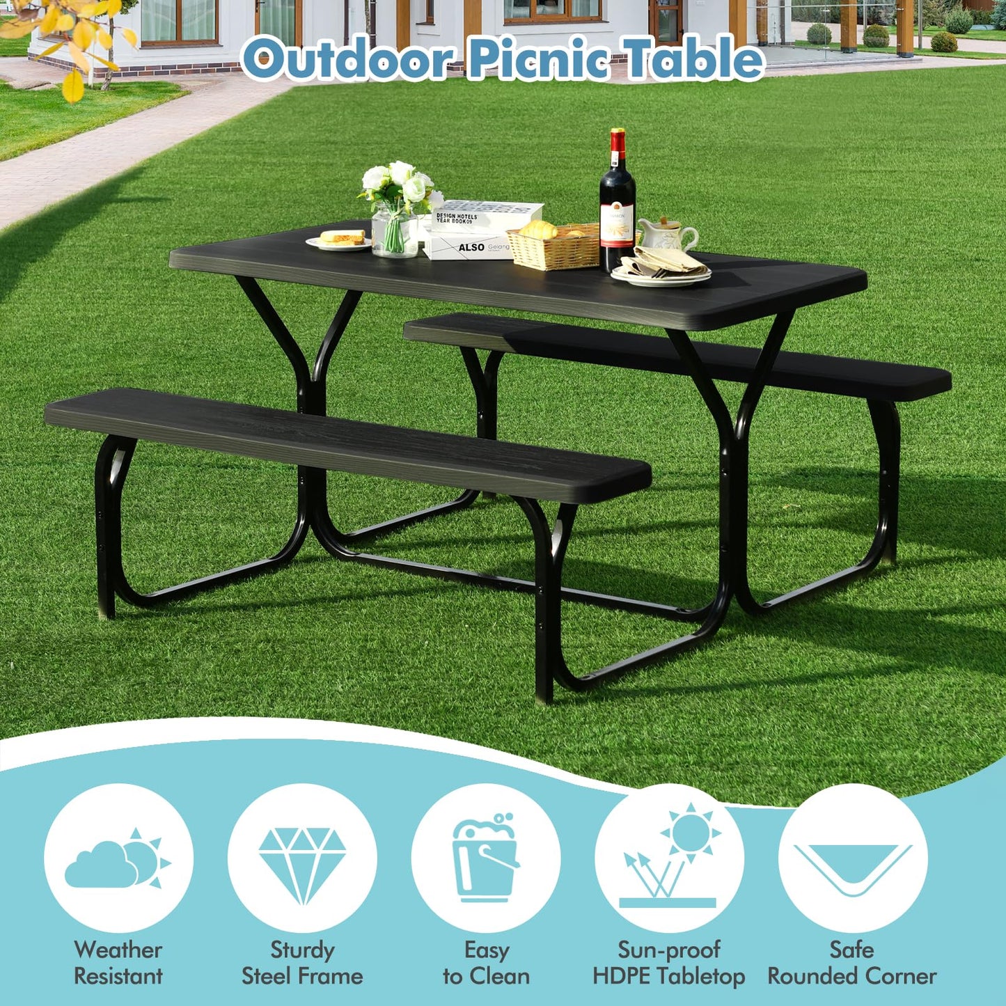 MEDIMALL Picnic Table, Portable Picnic Tables with Benches, Plastics Picnic Table Bench Set with Metal Frame & All Weather Tabletop, Large Camping Picnic Table for Outdoors, Backyard, Garden (Black)