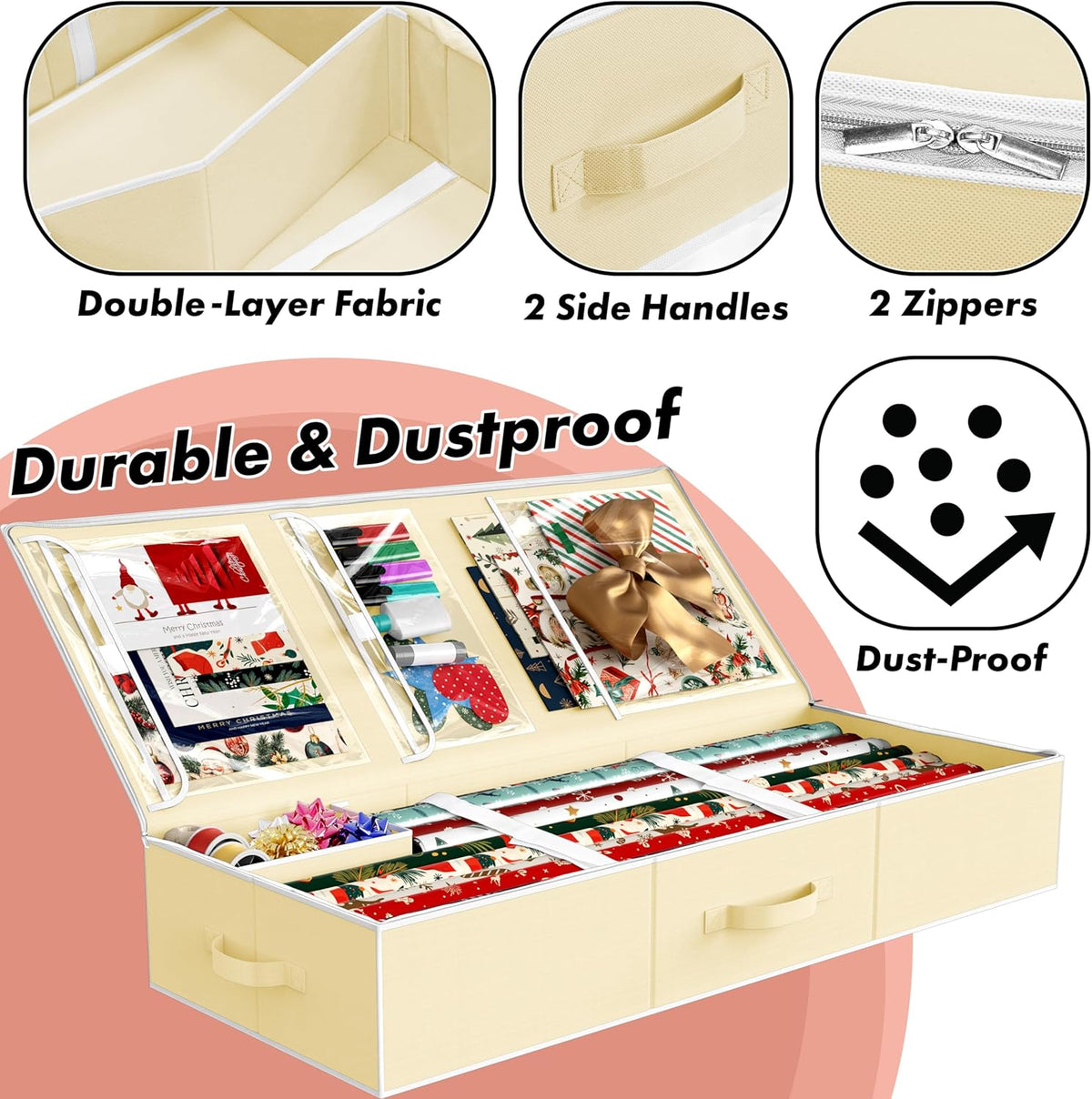 Simple Houseware Wrapping Paper Storage Organizer - Holds 40 Rolls with Adjustable Straps & Clear Pockets, 41.5''L x 16''W, Beige