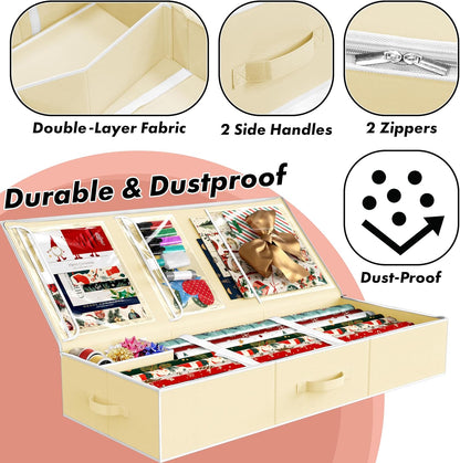 Simple Houseware Wrapping Paper Storage Organizer - Holds 40 Rolls with Adjustable Straps & Clear Pockets, 41.5''L x 16''W, Beige