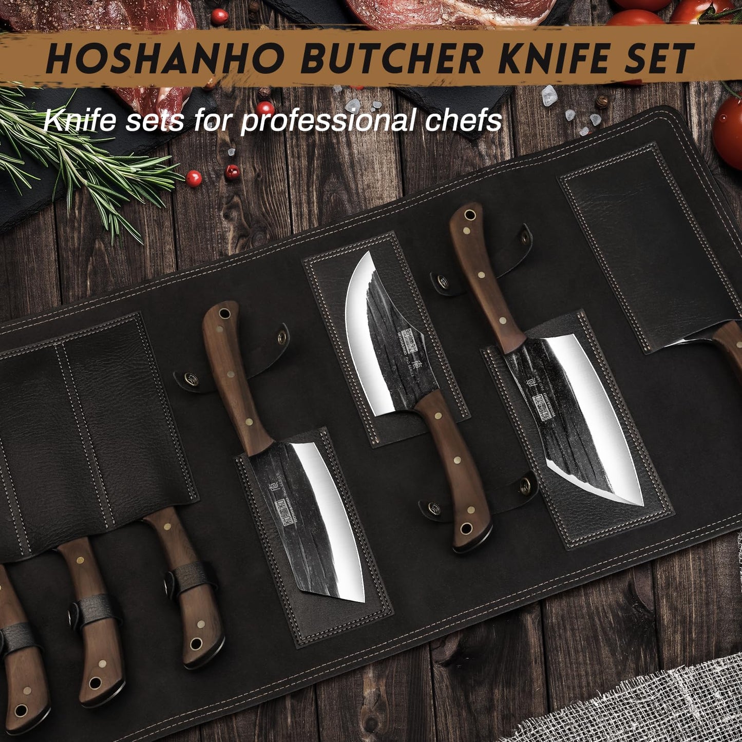 HOSHANHO Butcher Knife Set, Hand Forged Butcher Chef Knife Set with Roll Bag, Sharp Meat Cleaver Knife & Bone Chopper Knives & Fillet Knives for Home & Camping & BBQ Gift with Men