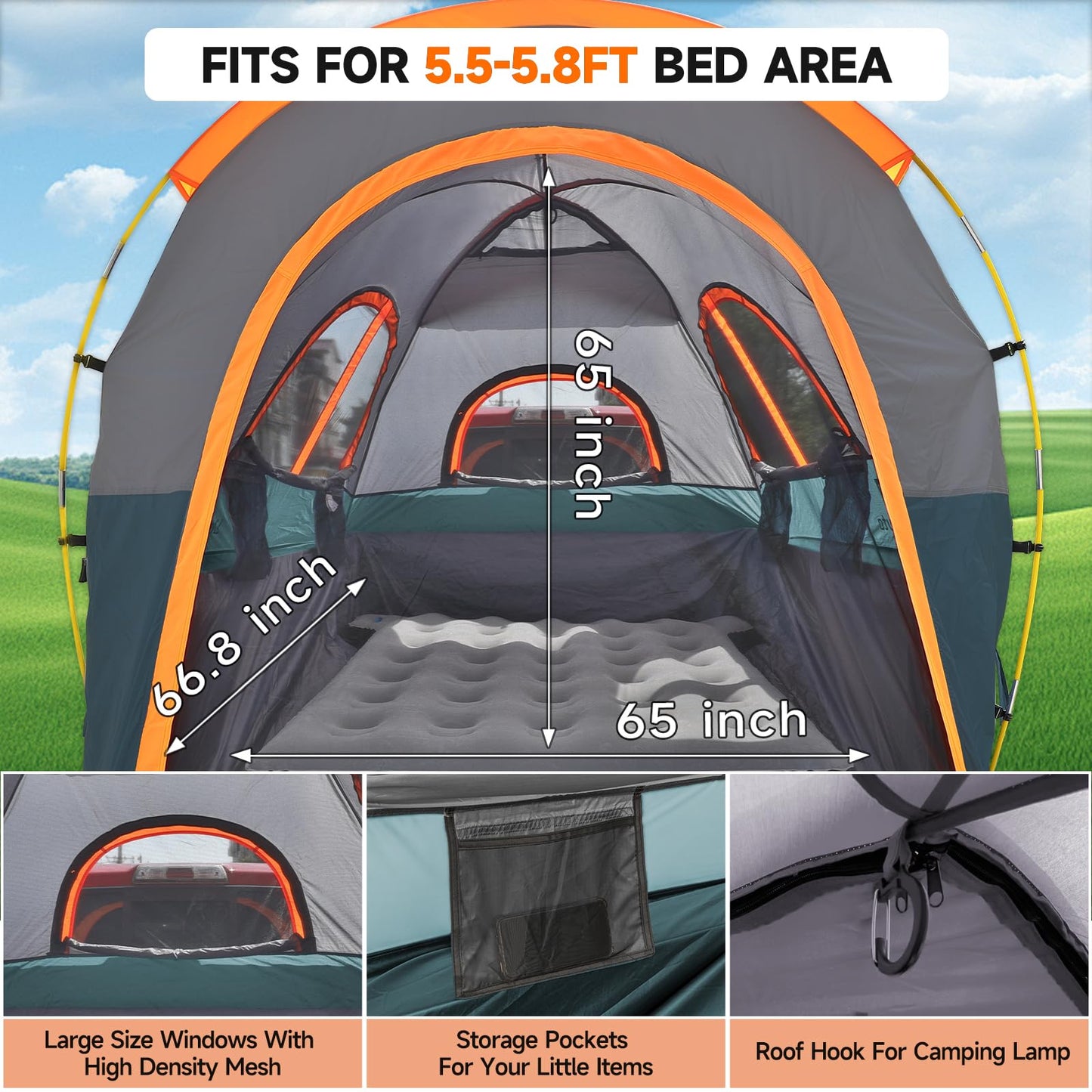 Truck Bed Tent 5.5-6ft: Easy Set Up Umburato Pickup Truck Tents for Camping, Waterproof PU3000mm Canopy for Truck Camper, Portable, Spacious for 2 Person Green