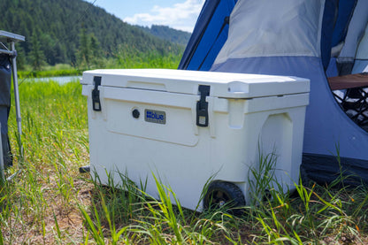 Blue Coolers Ark Series with Wheels 110 Quart, Roto-Molded Ice Cooler | Large Ice Chest Holds Ice up to 10 Days | (White)