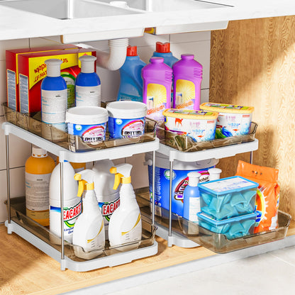 Delamu 2-Tier Multi-Purpose Bathroom Under Sink Organizers and Storage, Stackable Kitchen Pantry Organization, Pull Out Medicine Cabinet Organizer with Movable Dividers, White, 2 Pack