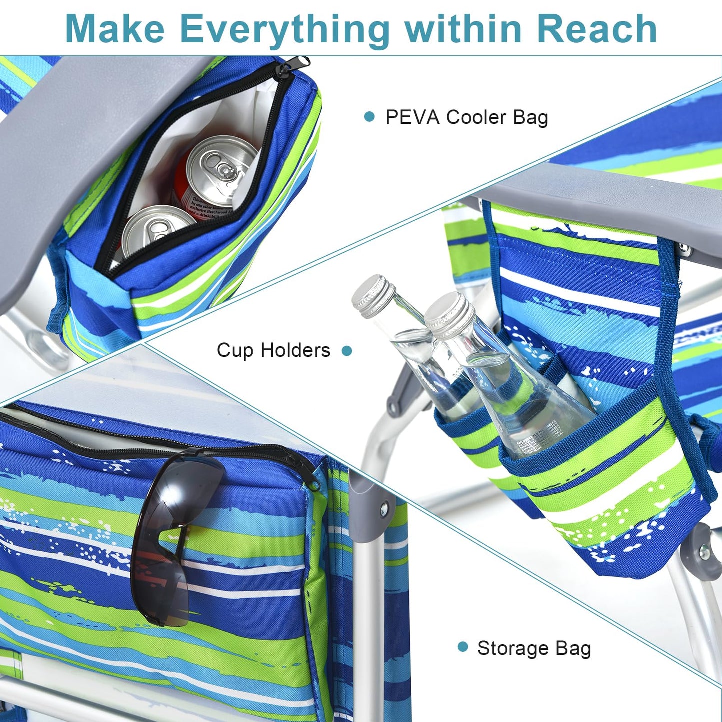 GYMAX Beach Chairs, Backpack Camping Chair with Armrest, Cooler Bag, Cup Holder, Towel Bar & Side Pockets, Sunbath Sling Tanning Lounge, Folding Layout Chair (with Table, Blue Stripe)