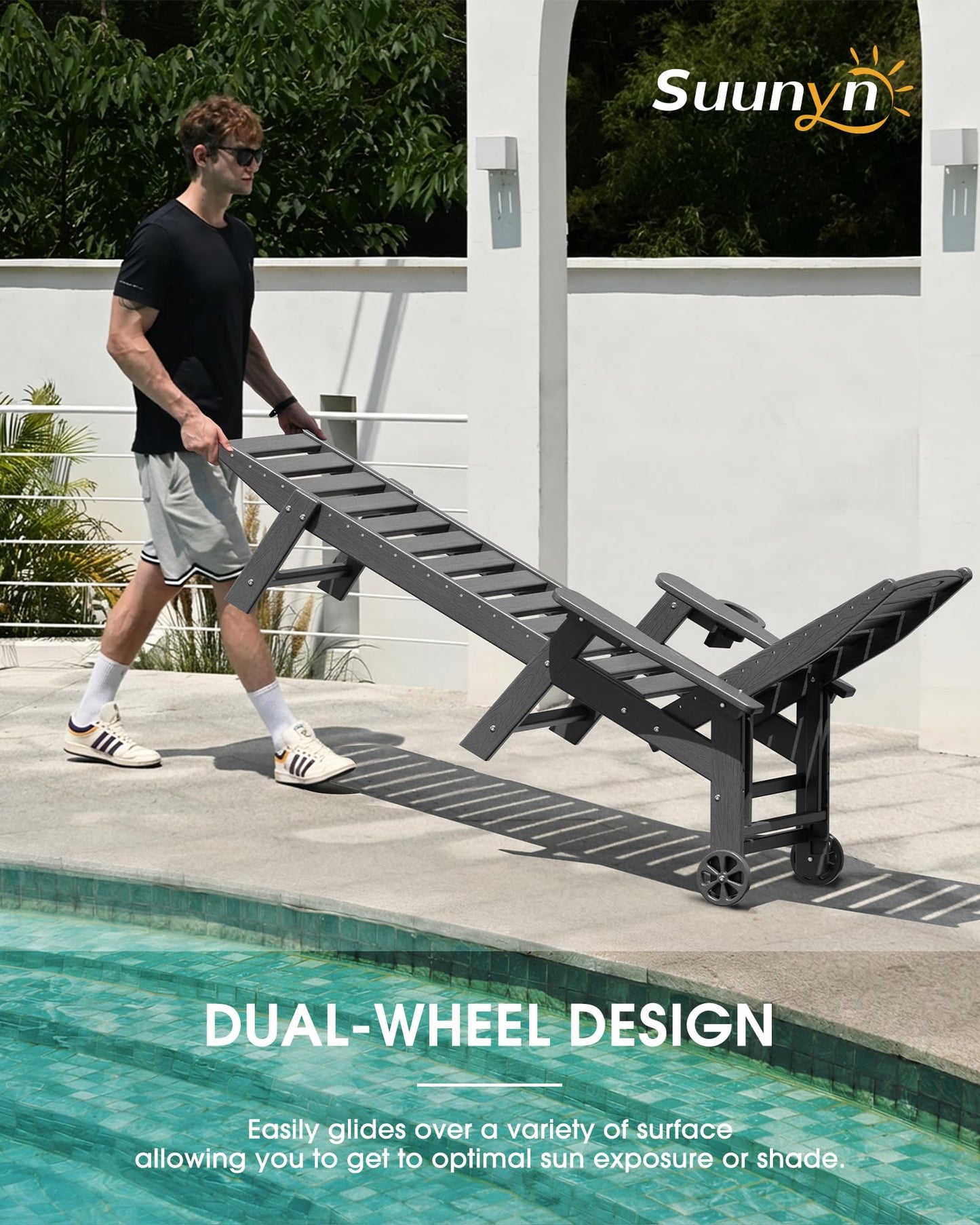 SUUNYN Chaise Lounge Outdoor, Lounge Chair Outdoor with Wood Texture, Adjustable 5-Position Backrest, HDPE Lounge Chair with Wheels & Cup Holder for Pool Deck Backyard, Dark Grey
