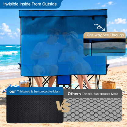 WTVIDAS Double Beach Chair with Canopy Shade Oversized Camping Chairs with Cooler Bag&Cup Holders Folding Loveseat for Outside Lawn Camping