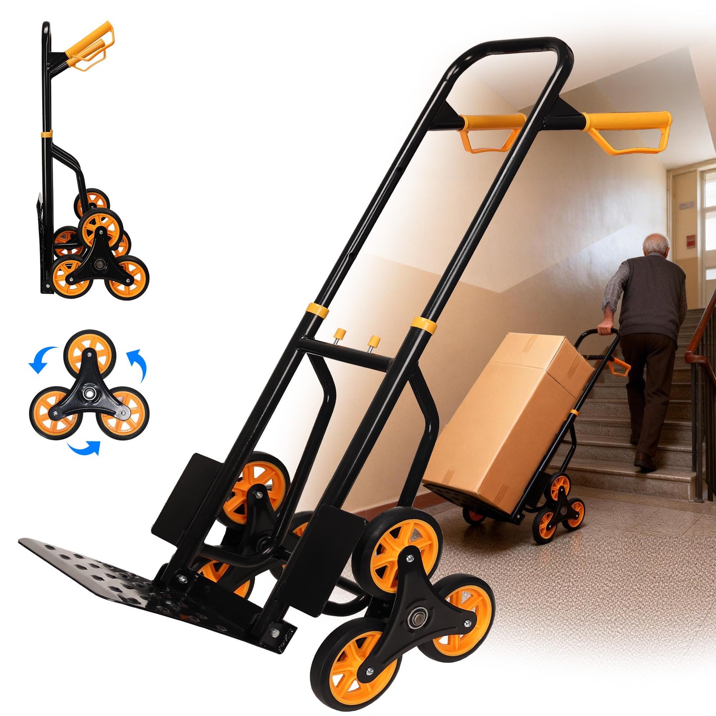 Heavy Duty Stair Climbing Dolly, 380lb Capacity Folding Hand Truck with 5.9” Tri-Wheel, Portable Stair Climber Cart for Moving Furniture Groceries Boxes Laundry, Back-Saving Tool for Apartment Home