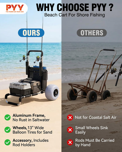 PYY Beach Fishing Cart - 220LBS Foldable Aluminum Beach Wagon Trolley with 13" Balloon Wheels, 23" x 15" Cargo Deck, Fishing Rod Holders, 30" to 40" Adjustable Handle, Heavy Duty Cart for Beach