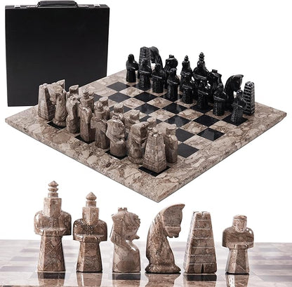Radicaln Marble Antique Chess Set with Storage Box 15 Inches Oceanic and Black Handmade Board Game 2 Player Classic Chess Sets for Adults Board &amp 32 Chess Pieces