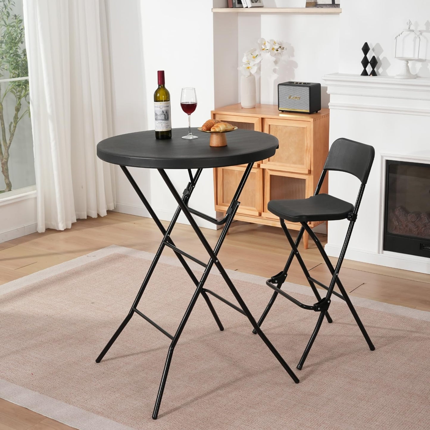 GlowitLian 32" Round Folding Table, Portable Bar Height Folding Table with Detachable Legs, Round Foldable Table with HDPE Top for Standing Parties, Balcony, Event, Indoor Outdoor Use (Black, 2 Pack)