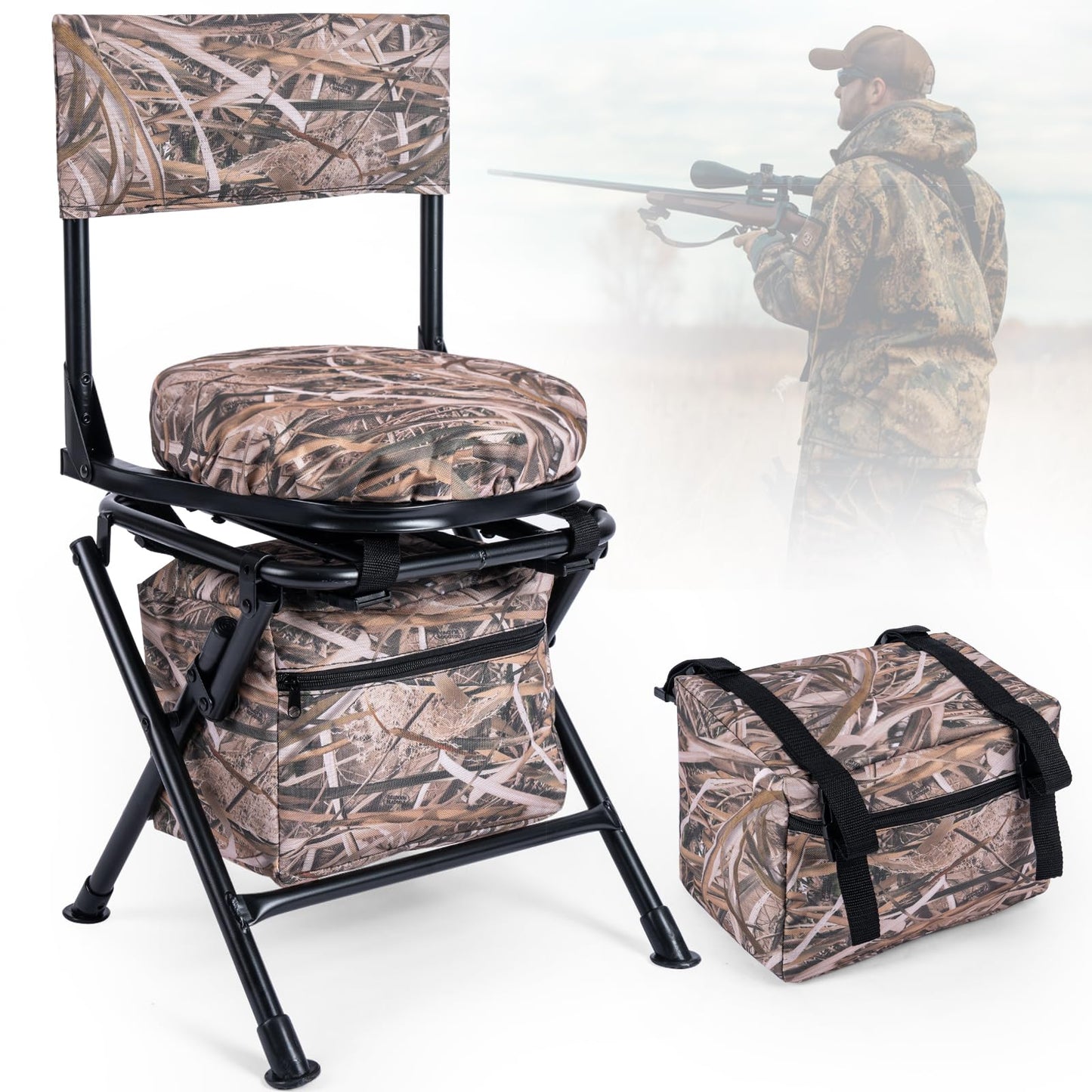 GUANIEE 360° Swivel Hunting Chair Folding Silent Hunt Blind Chair, Portable Ground Sniper Seat for Fishing Dove Deer Hunting, with Storage Bag, Camo Khaki