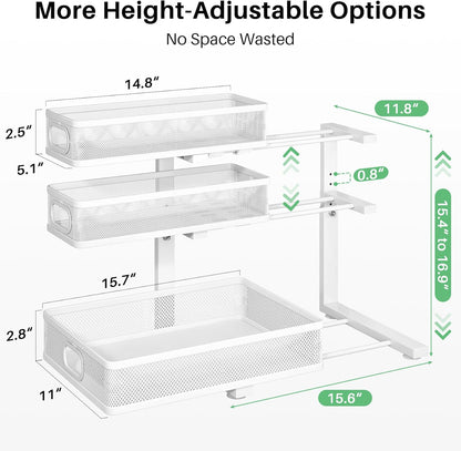 Kitstorack Under Sink Organizer - 2-Pack Adjustable Metal Cabinet Shelf | Slide-Out Storage for Kitchen & Bathroom