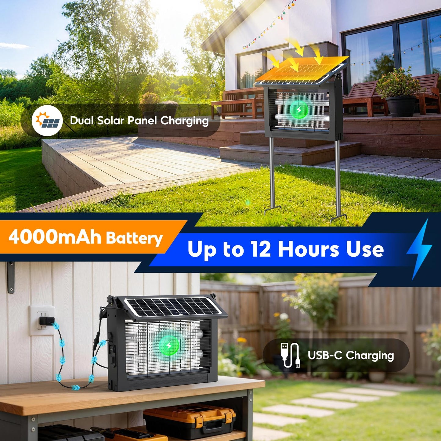 Solar Bug Zapper Outdoor, 4500V Electric Mosquito Zapper with Dual Solar Panels & USB Charging, Auto On/Off Mosquito Killer, IPX5 Waterproof Fly Trap for Backyard Patio Garden Camping, 2100 Sq Ft