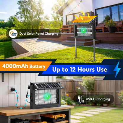 Solar Bug Zapper Outdoor, 4500V Electric Mosquito Zapper with Dual Solar Panels & USB Charging, Auto On/Off Mosquito Killer, IPX5 Waterproof Fly Trap for Backyard Patio Garden Camping, 2100 Sq Ft